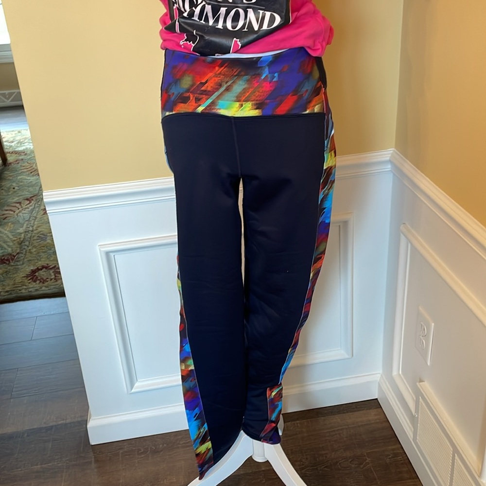 Athleta Black Leggings with Multicolor Abstract Waist and Side Panels